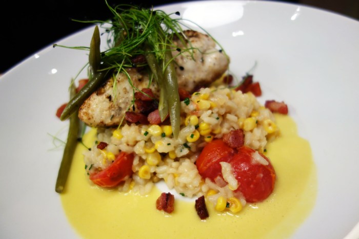 Seared Rockfish with Corn and Bacon Risotto